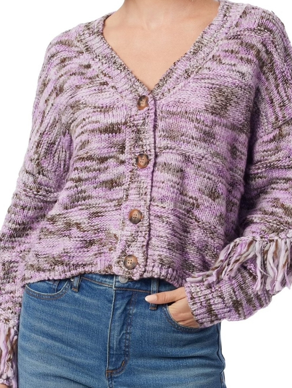 Jessica Simpson Lavender and Brown Marled Button-Front Fringe Cardigan